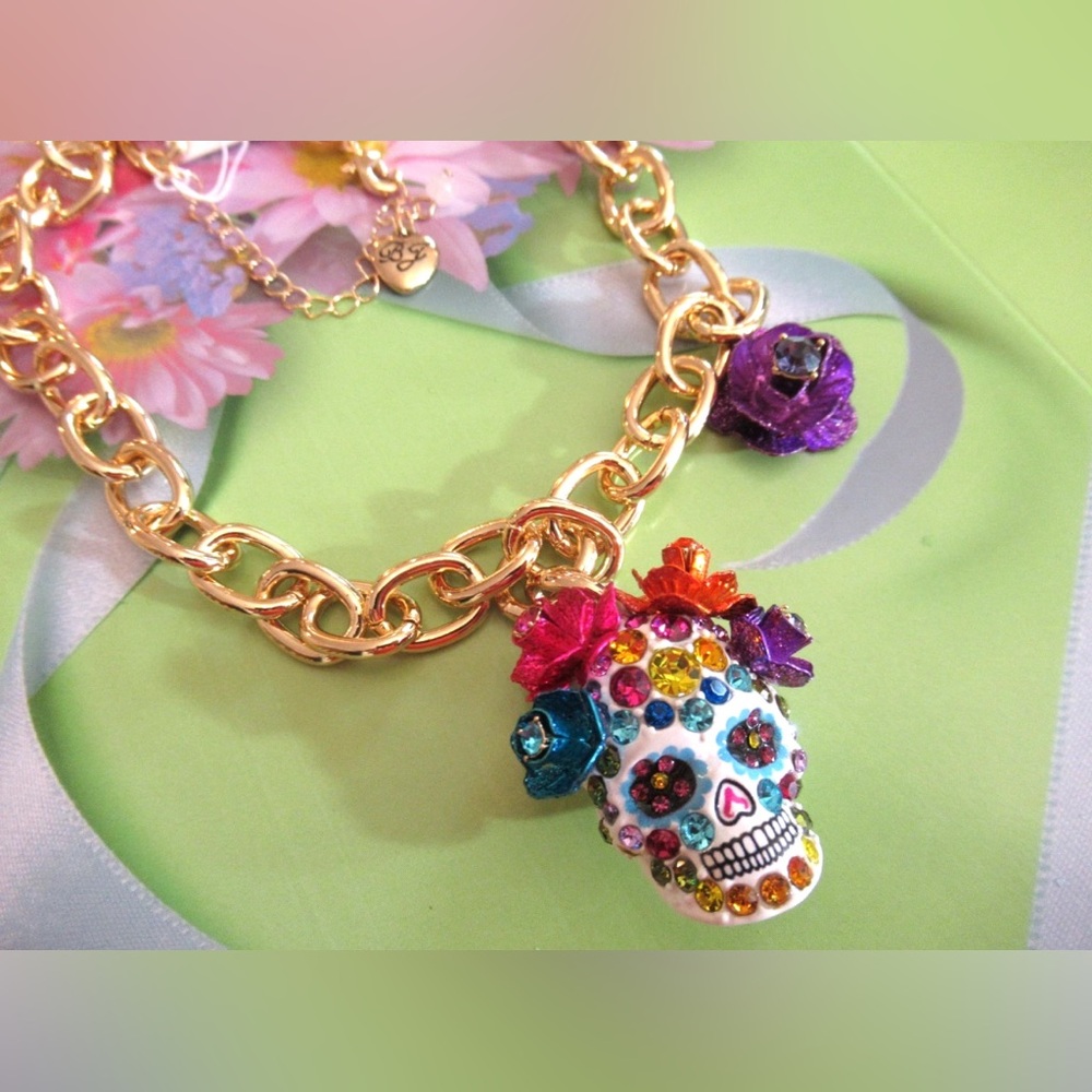 Betsey Johnson Gold Skull Pendant Necklace with Multicolor Accents - Picture 5 of 16